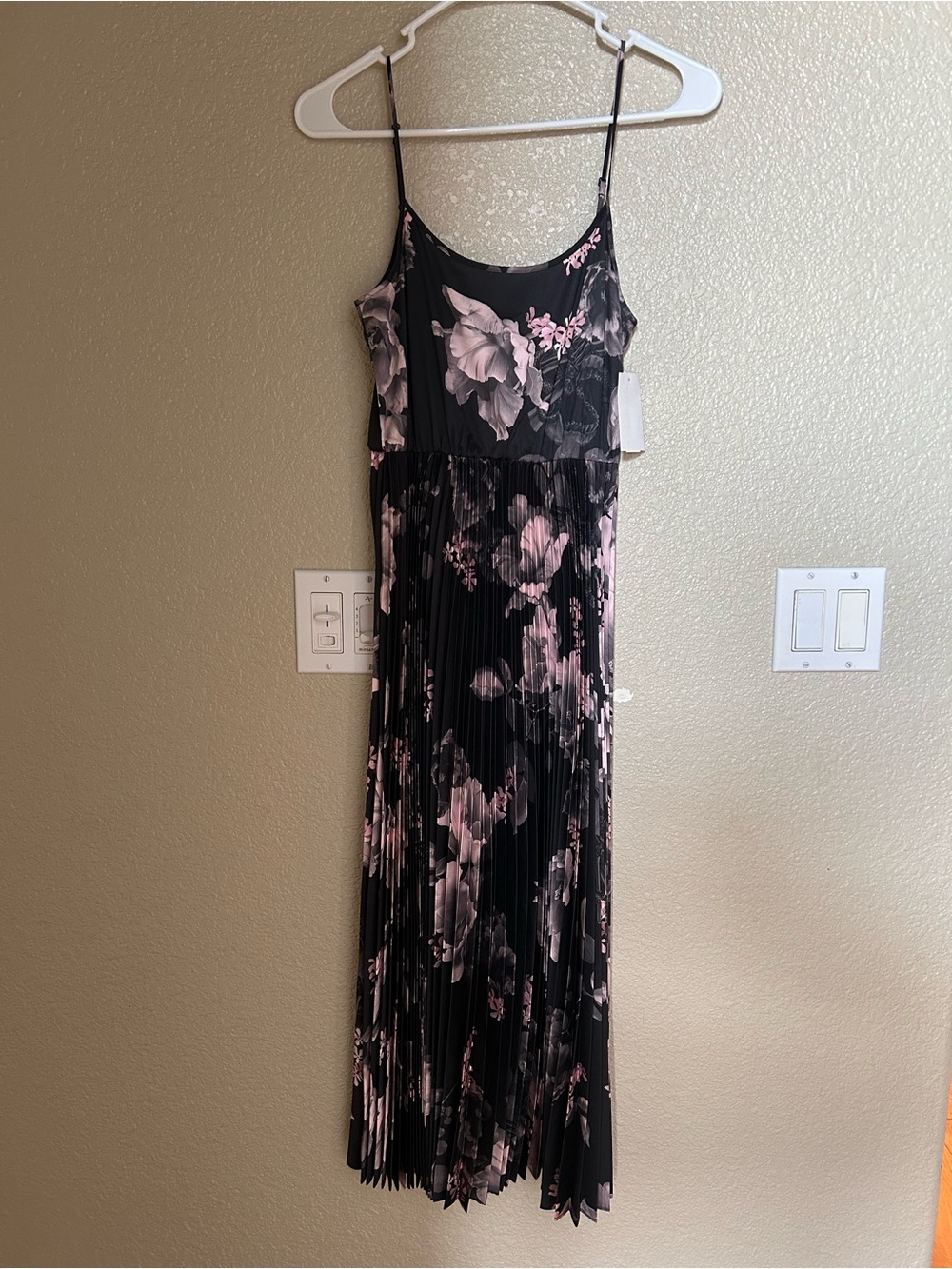 AllSaints Black with Pale Pink Floral Pleated Midi Slip Dress